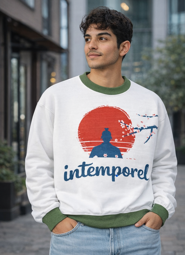 Sweat tricoté unisexe blanc et vert « Intemporel » – col ras du cou