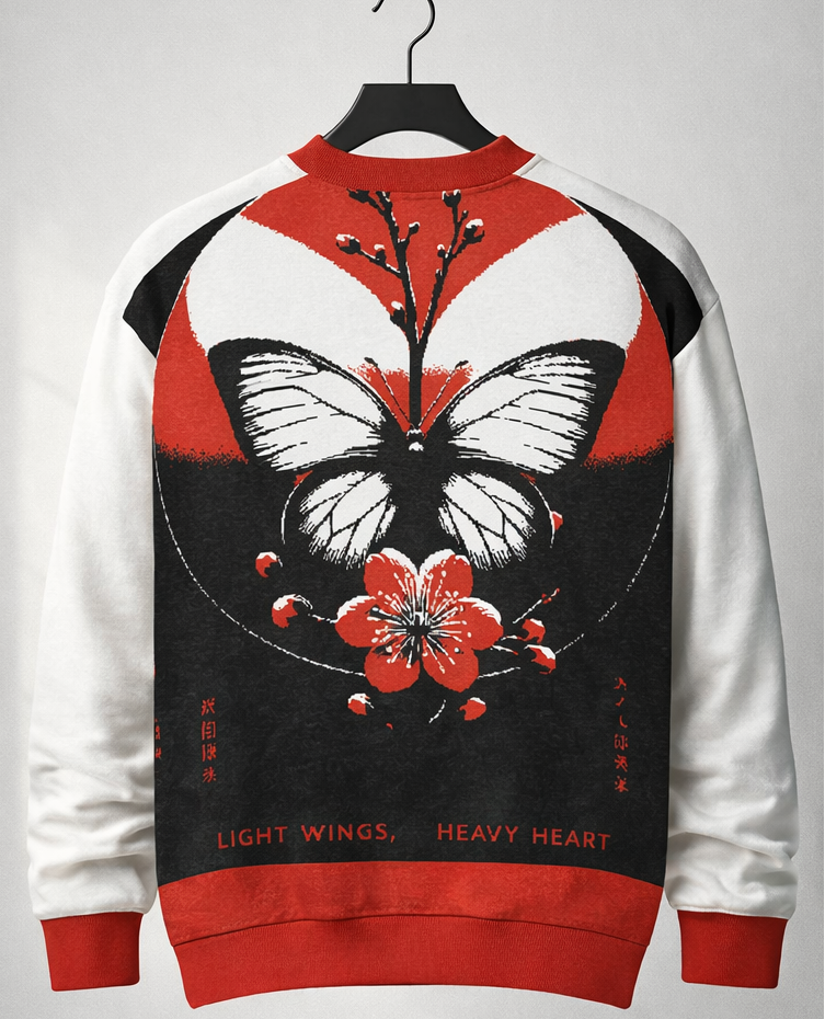 Sweat tricoté unisexe blanc et rouge – col ras du cou, envol graphique au dos